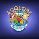 Logo med teksten 4 Colors Monument Edition omgitt av illustrasjoner av kjente monumenter og fargerike kort på en blå bakgrunn