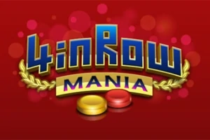 Logo med teksten 4 in Row Mania i blå og gule bokstaver, med røde og gule brikker under