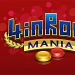 Logo med teksten 4 in Row Mania i blå og gule bokstaver, med røde og gule brikker under