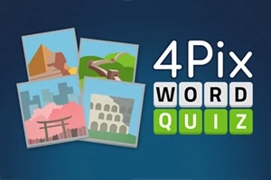 Fire stiliserte bilder av kjente landemerker ved siden av teksten 4Pix Word Quiz på en blå bakgrunn