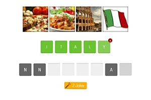 Fire bilder viser pizza, pasta, Colosseum og det italienske flagget, med ordet ITALY skrevet under