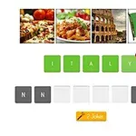 Fire bilder viser pizza, pasta, Colosseum og det italienske flagget, med ordet ITALY skrevet under