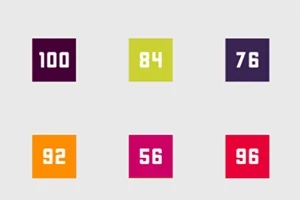 Seks fargede firkanter med tallene 100, 84, 76, 92, 56 og 96