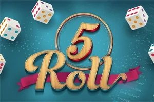 5 terninger med fargerike prikker omgir teksten 5 Roll på en blå bakgrunn