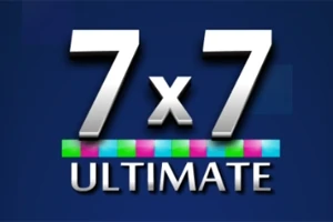 Teksten 7x7 Ultimate med flerfargede firkanter på blå bakgrunn