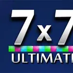 Teksten 7x7 Ultimate med flerfargede firkanter på blå bakgrunn