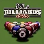 Biljardbord med oppstilte baller og teksten 8 Ball Billiards Classic på grønn bakgrunn