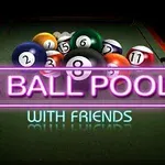Biljardbord med grupperte fargerike baller og teksten 8 Ball Pool With Friends i neonlys