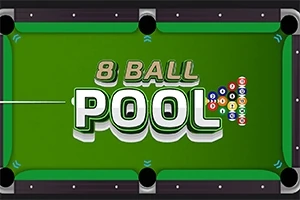 Grønt biljardbord med teksten 8 Ball Pool og en trekantet formasjon av biljardkuler til høyre