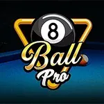 Svart biljardkule med tallet 8 og teksten Ball Pro over et biljardbord med flere fargede kuler