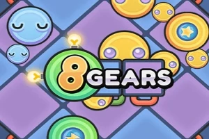 Fargerikt, tegneseriestil motiv med smilende, runde ansikter og teksten 8 GEARS i midten
