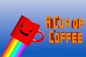 En rød kopp med et smilende ansikt har en regnbuestripe som strømmer ut, med teksten A Cup of Coffee ved siden av
