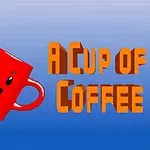 En rød kopp med et smilende ansikt har en regnbuestripe som strømmer ut, med teksten A Cup of Coffee ved siden av