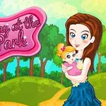 En illustrasjon av en kvinne med brunt hår som holder en baby, med en rosa tekstboble i bakgrunnen og en park med trær