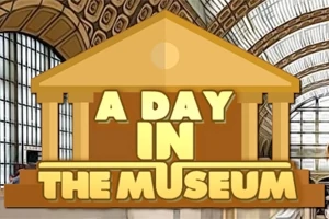 Tittel i fet skrift A Day in the Museum over en stilisert museumskuppel og bakgrunn av et glass- og stål-tak
