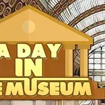Tittel i fet skrift A Day in the Museum over en stilisert museumskuppel og bakgrunn av et glass- og stål-tak