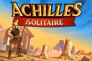 Achilles i rustning med spyd foran antikke ruiner og ørkenlandskap, med tittelen «Achilles Solitaire» øverst