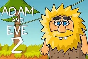 En tegneseriefigur med langt gult hår og skjegg står ved siden av teksten ADAM AND EVE 2 foran et enkelt landskap med et tre