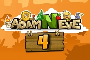 Tegnet bilde av figurer og symboler over teksten Adam og Eve med et trepanel som viser tallet 4 i et oransje landskap