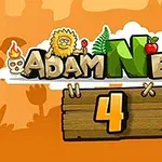 Tegnet bilde av figurer og symboler over teksten Adam og Eve med et trepanel som viser tallet 4 i et oransje landskap