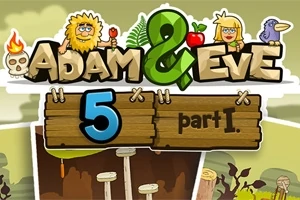 Tegnet bilde av to figurer med tittelen Adam & Eve samt teksten 5 part I på en treskilt