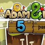 Tegnet bilde av to figurer med tittelen Adam & Eve samt teksten 5 part I på en treskilt