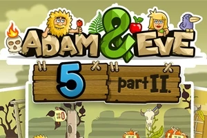 Tegnet plakat med teksten Adam & Eve 5 part II i et jungeltema med tegneseriefigurer og elementer som en ildkule, hodeskalle, eple, plante, og ugle