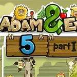 Tegnet plakat med teksten Adam & Eve 5 part II i et jungeltema med tegneseriefigurer og elementer som en ildkule, hodeskalle, eple, plante, og ugle