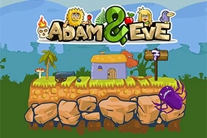 Tegnet landskap med hus, trær, en stor lilla bille og Adam & Eve skrevet øverst
