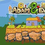 Tegnet landskap med hus, trær, en stor lilla bille og Adam & Eve skrevet øverst