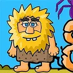 En tegneseriefigur med bustete gul hår og brun drakt står ved siden av et stort tall åtte og en lilla edderkopp