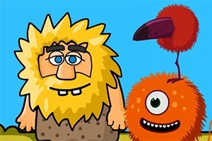 En tegneseriefigur med bustete hår og skjegg står ved siden av et enøyd, oransje monster med en rød dusk på hodet, mot en blå bakgrunn