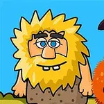 En tegneseriefigur med bustete hår og skjegg står ved siden av et enøyd, oransje monster med en rød dusk på hodet, mot en blå bakgrunn