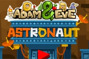 Fargerik illustrasjon med humoristiske figurer, en tekst med Adam & Eve Astronaut og grafikk som inkluderer en stor grønn &, en hodeskalle med flammer, og satellittantenner