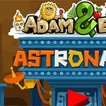 Fargerik illustrasjon med humoristiske figurer, en tekst med Adam & Eve Astronaut og grafikk som inkluderer en stor grønn &, en hodeskalle med flammer, og satellittantenner