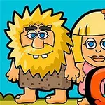 To tegneseriefigurer, en mann med bustete gult hår og skjegg og en kvinne med blondt hår og blomst, står ved siden av teksten GO