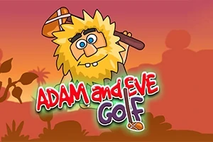 En tegneseriefigur med langt hår og skjegg holder en golfkølle, med teksten Adam and Eve Golf over en bakgrunn av solnedgang og trær