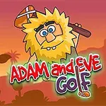En tegneseriefigur med langt hår og skjegg holder en golfkølle, med teksten Adam and Eve Golf over en bakgrunn av solnedgang og trær