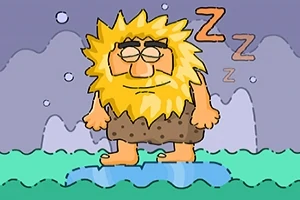 En tegneseriehuleboer med stort, gult skjegg står og sover mens han står på en isblå flate, med snakkebobler av Zzz over hodet