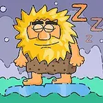 En tegneseriehuleboer med stort, gult skjegg står og sover mens han står på en isblå flate, med snakkebobler av Zzz over hodet