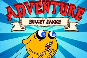 Tegneseriefigur i gul farge med store øyne og åpen munn under teksten Adventure Bullet Jakke på en blå bakgrunn med stråler
