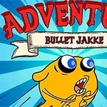 Tegneseriefigur i gul farge med store øyne og åpen munn under teksten Adventure Bullet Jakke på en blå bakgrunn med stråler