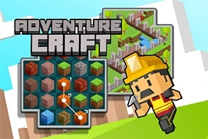 En pikselert karakter i gul hjelm løper til høyre foran et fargerikt rutemønster med blokker og teksten ADVENTURE CRAFT
