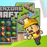 En pikselert karakter i gul hjelm løper til høyre foran et fargerikt rutemønster med blokker og teksten ADVENTURE CRAFT