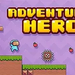 Tegneseriefigur i blå drakt hopper mellom plattformer med jordbær og en piggete felle på lilla bakgrunn, med teksten ADVENTURE HERO øverst