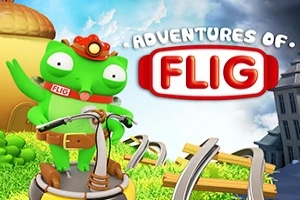 En grønn tegneseriefigur med store øyne står på en plattform med en scooter og bakgrunn av lyse farger og bygninger