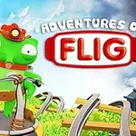 En grønn tegneseriefigur med store øyne står på en plattform med en scooter og bakgrunn av lyse farger og bygninger