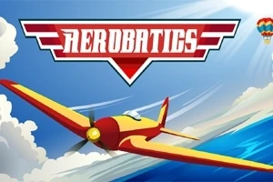 Tegnet bilde av et gult og rødt fly som flyr gjennom skyer med teksten Aerobatics i bakgrunnen