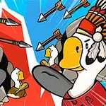 Tegnet bilde av ender iført hodepryd som ser ut til å være i en komisk kamp mot hverandre, med en bakgrunn delt i rød og blå og flygende piler