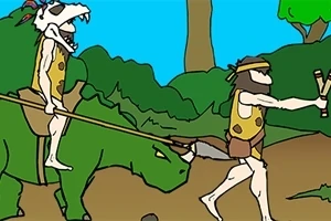 To figurer kledd som steinalderfolk, der den ene rir på et grønt dinosaur-lignende dyr og den andre går med en slynge, i en skog
